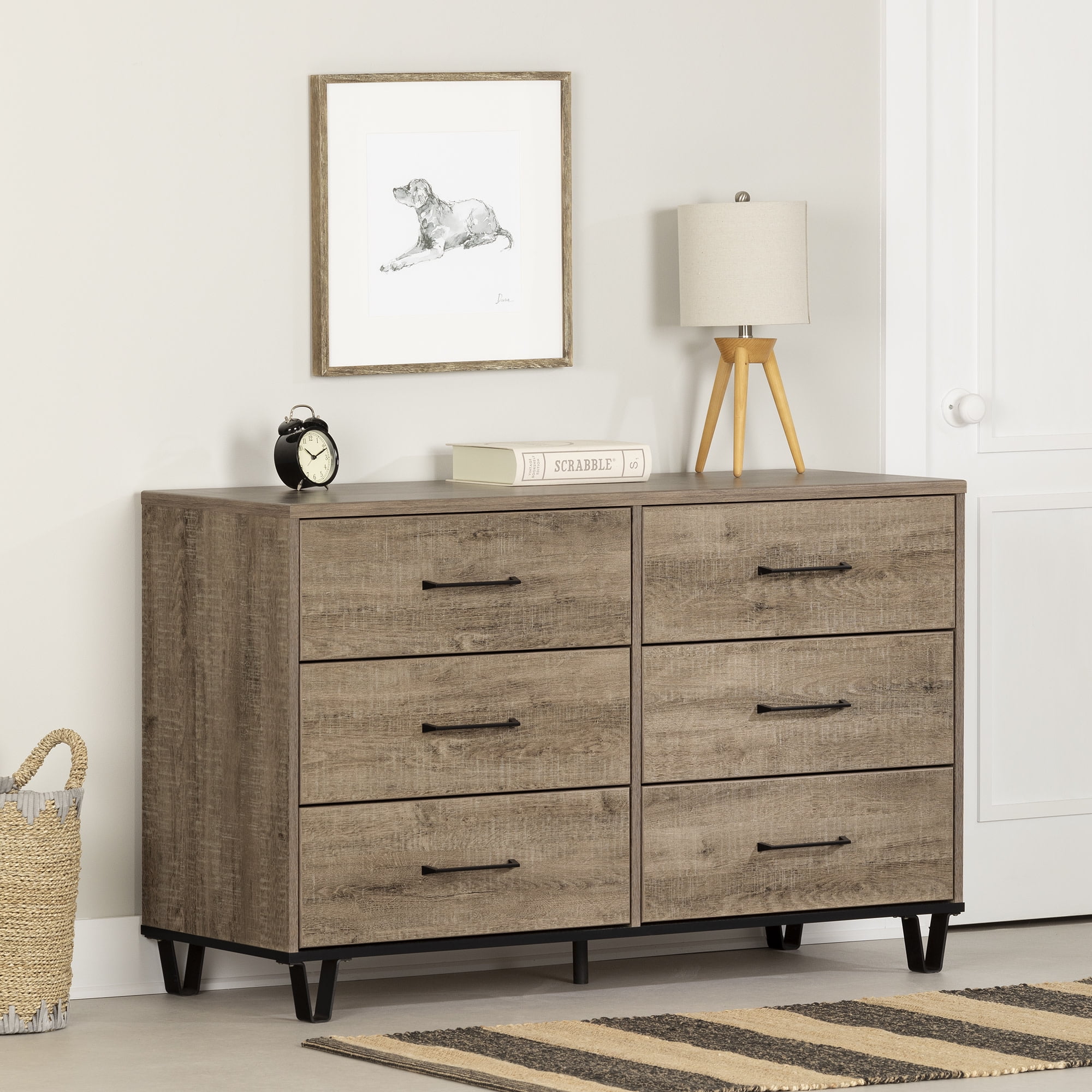 Weathered Oak Farmhouse Double Dresser with Metal Accents