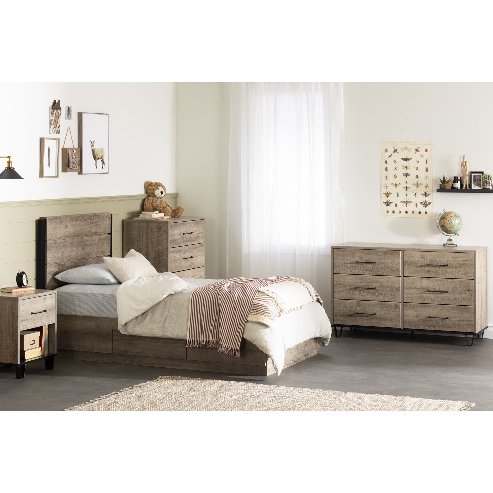 Weathered Oak Farmhouse Double Dresser with Metal Accents