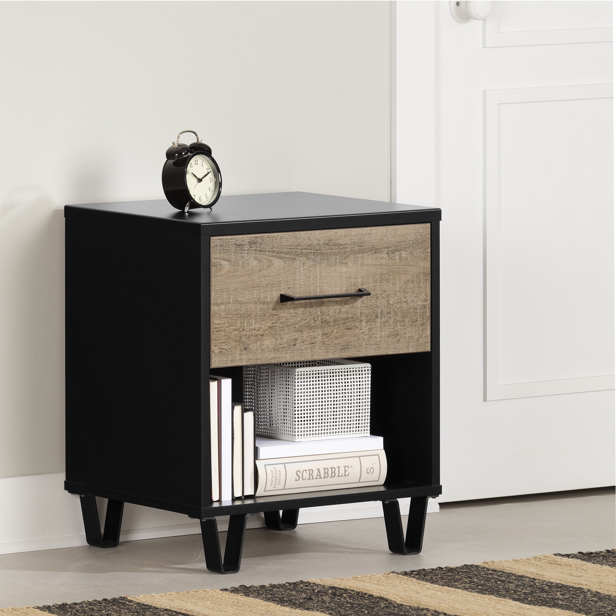 Arlen Weathered Oak and Matte Black 1-Drawer Nightstand