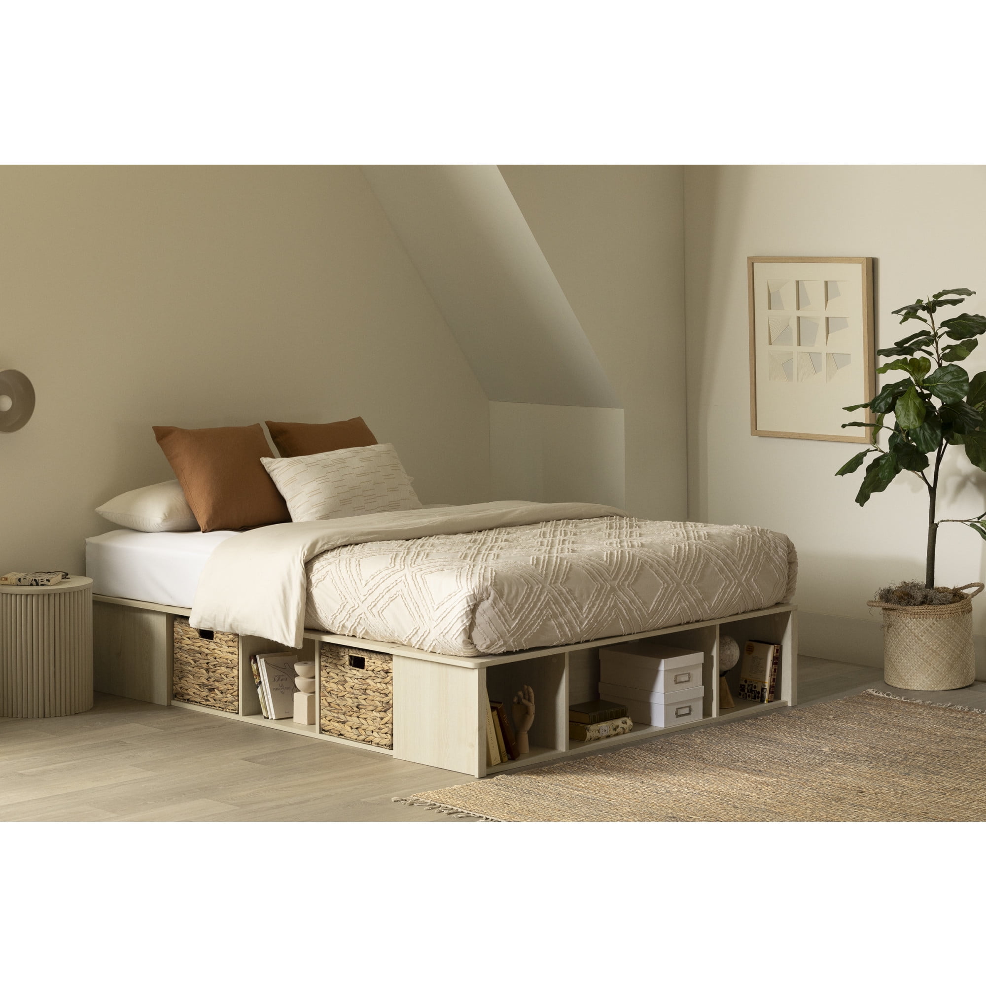 Bleached Oak Full Captain's Bed with Storage and Wicker Baskets