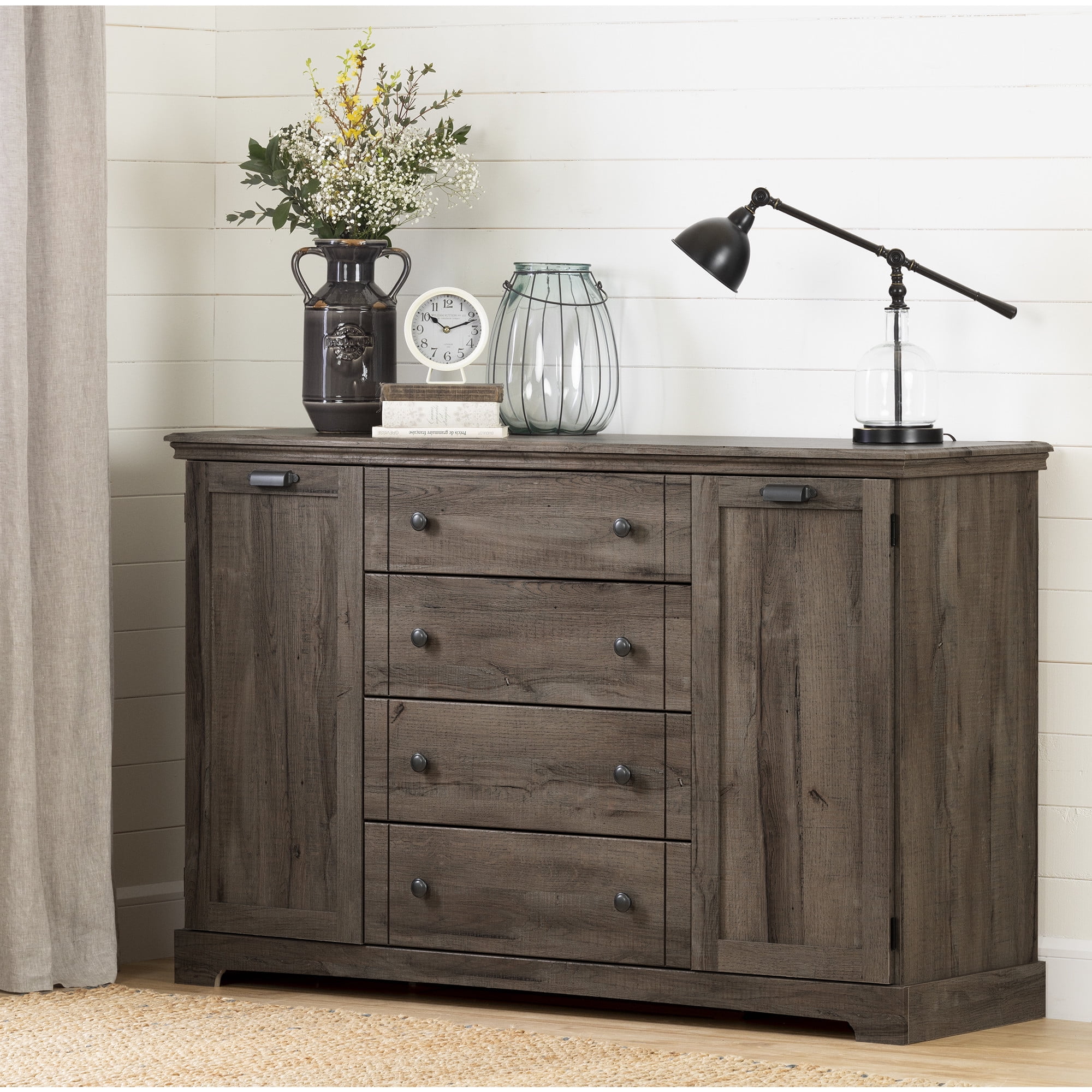 Cottage Charm Fall Oak Vertical Dresser with Deep Drawers and Shelves