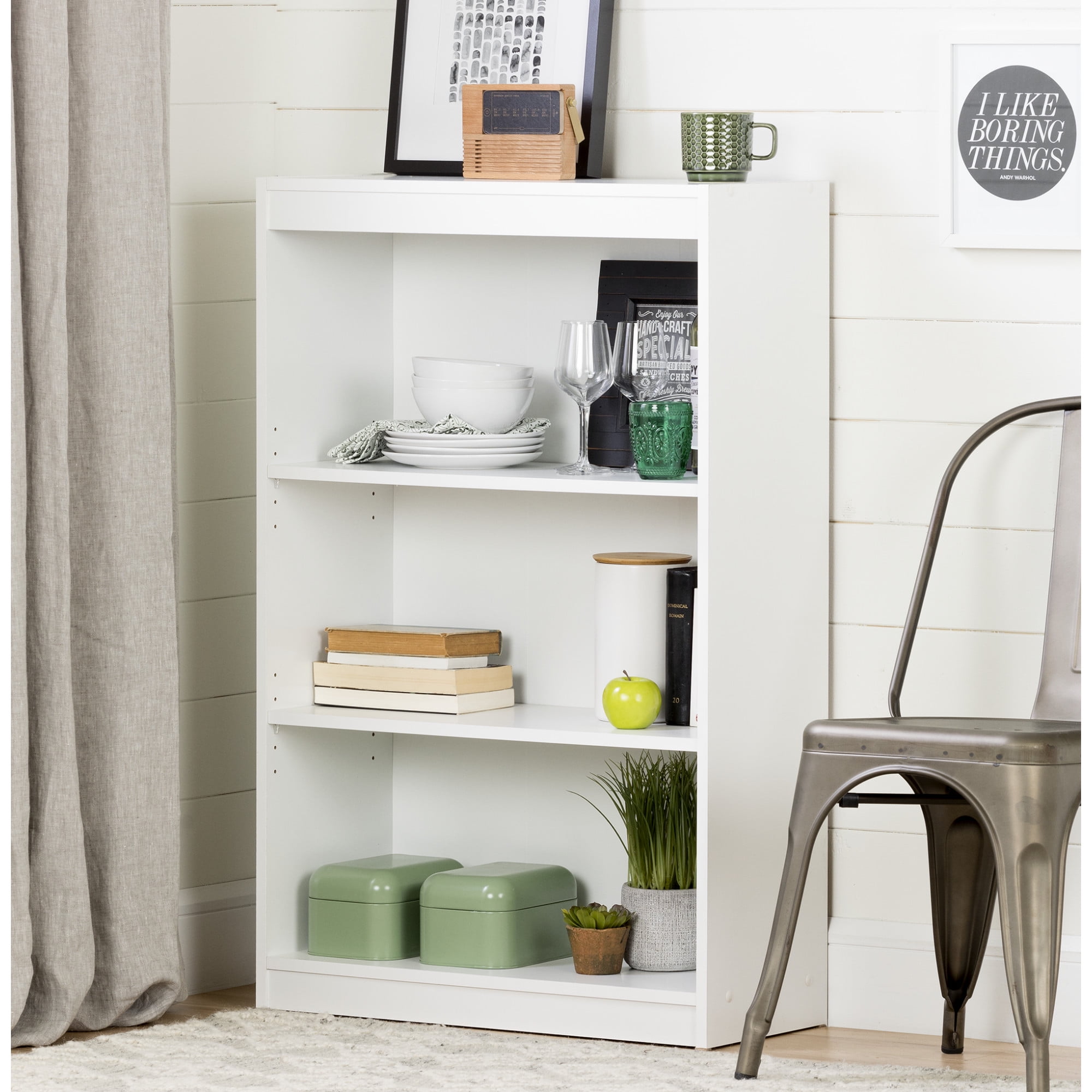 Pure White Adjustable 3-Shelf Wood Bookcase with Doors