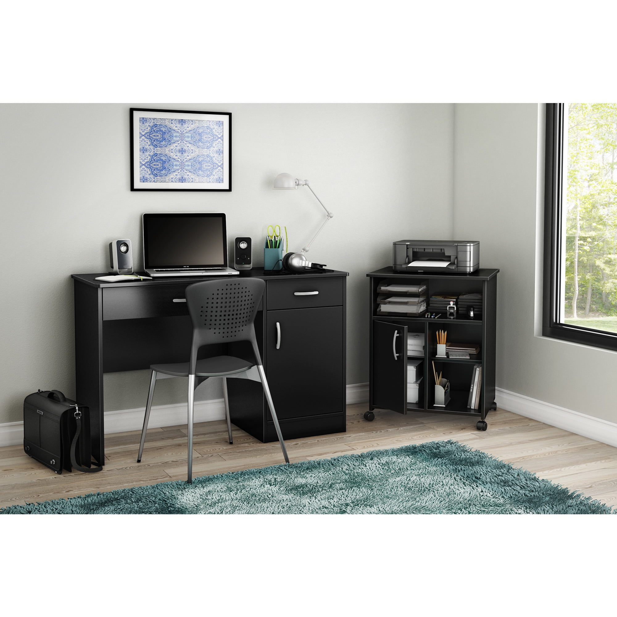 Pure Black Mobile Printer Stand with Adjustable Shelves