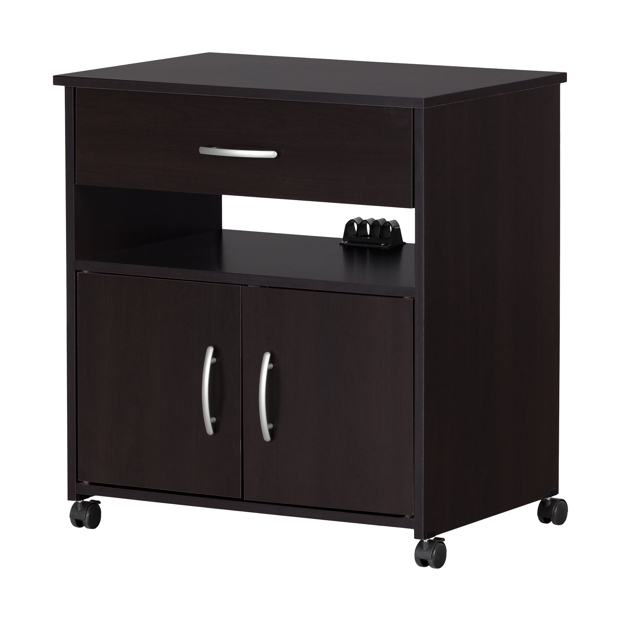Chocolate Wood Mobile Printer Stand with Storage and Wheels