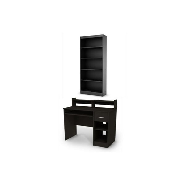 South Shore Axess Desk With Keyboard Tray and 5-Shelf Bookcase Set in Pure Black
