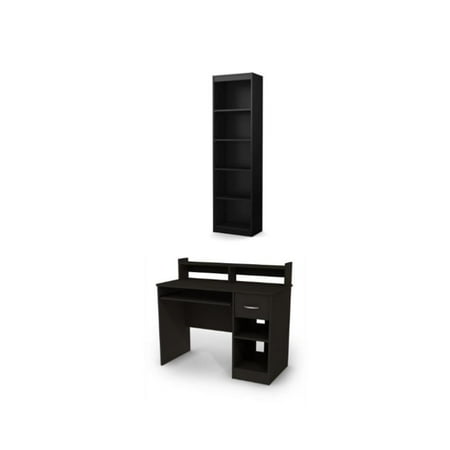 South Shore Axess Desk With Keyboard Tray and 5-Shelf Narrow Bookcase Set Black