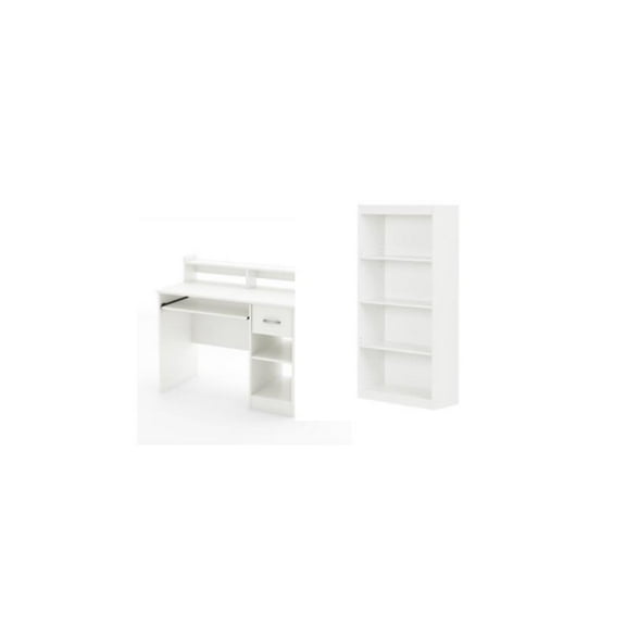 South Shore Axess Desk with Keyboard Tray and 4-Shelf Bookcase Set in Pure White
