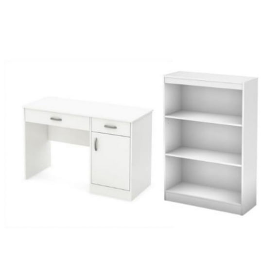 South Shore Axess Small Desk with Drawers and 3-Shelf Bookcase Set in Pure White