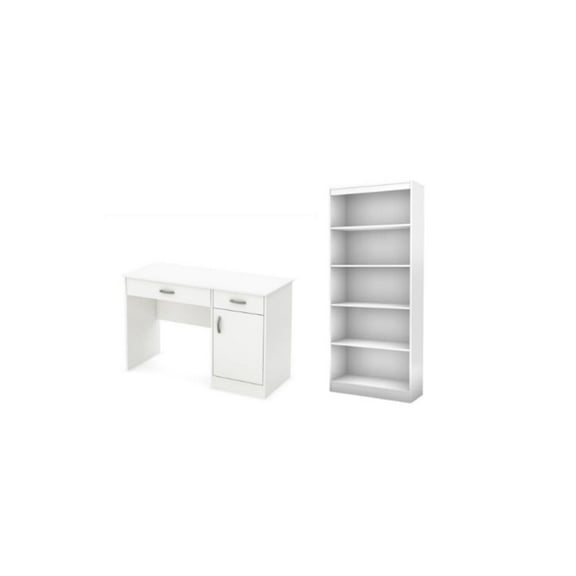 South Shore Axess Small Desk with Drawers and 5-Shelf Bookcase Set in Pure White