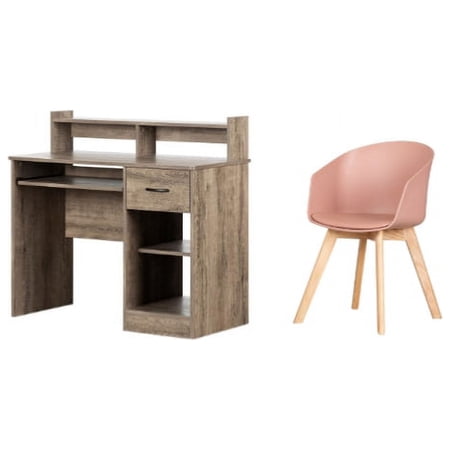 South Shore Axess Weathered Oak Desk with Tray & 1 Flam Pink and Wood Chair Set