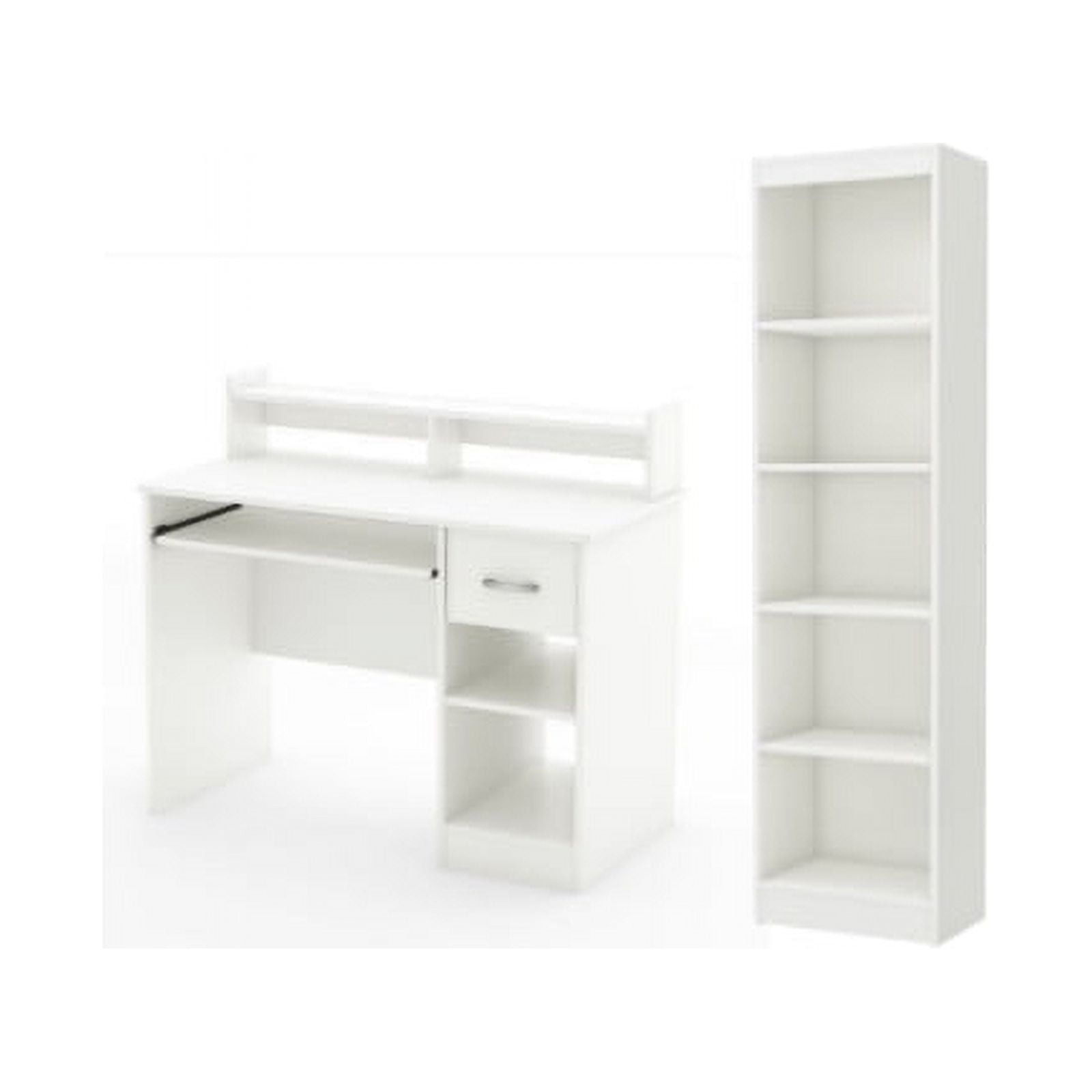 South Shore Axess White Desk with Keyboard Tray and 5Shelf Narrow Bookcase Set