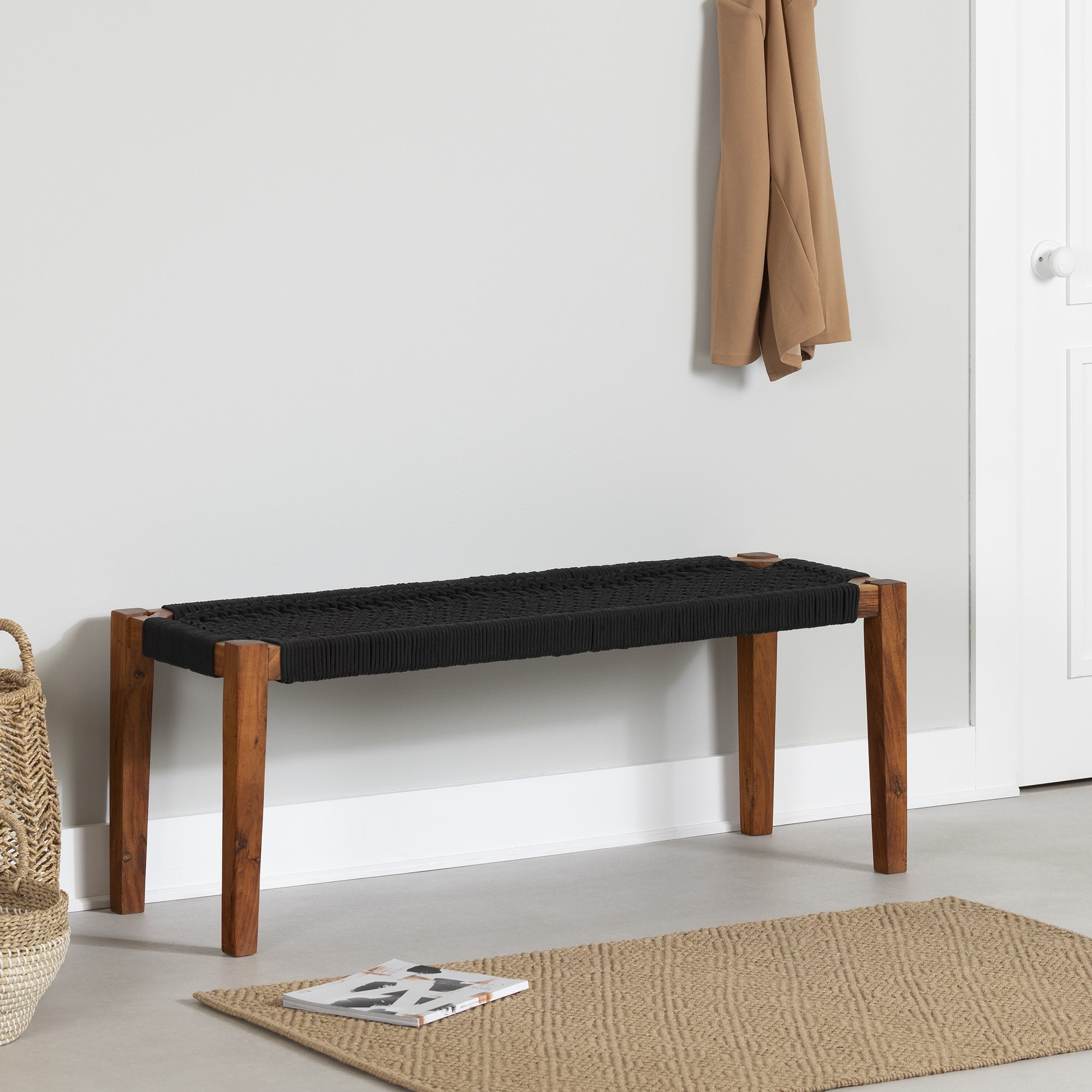 Black and Natural Wood Entryway Bench with Woven Seat