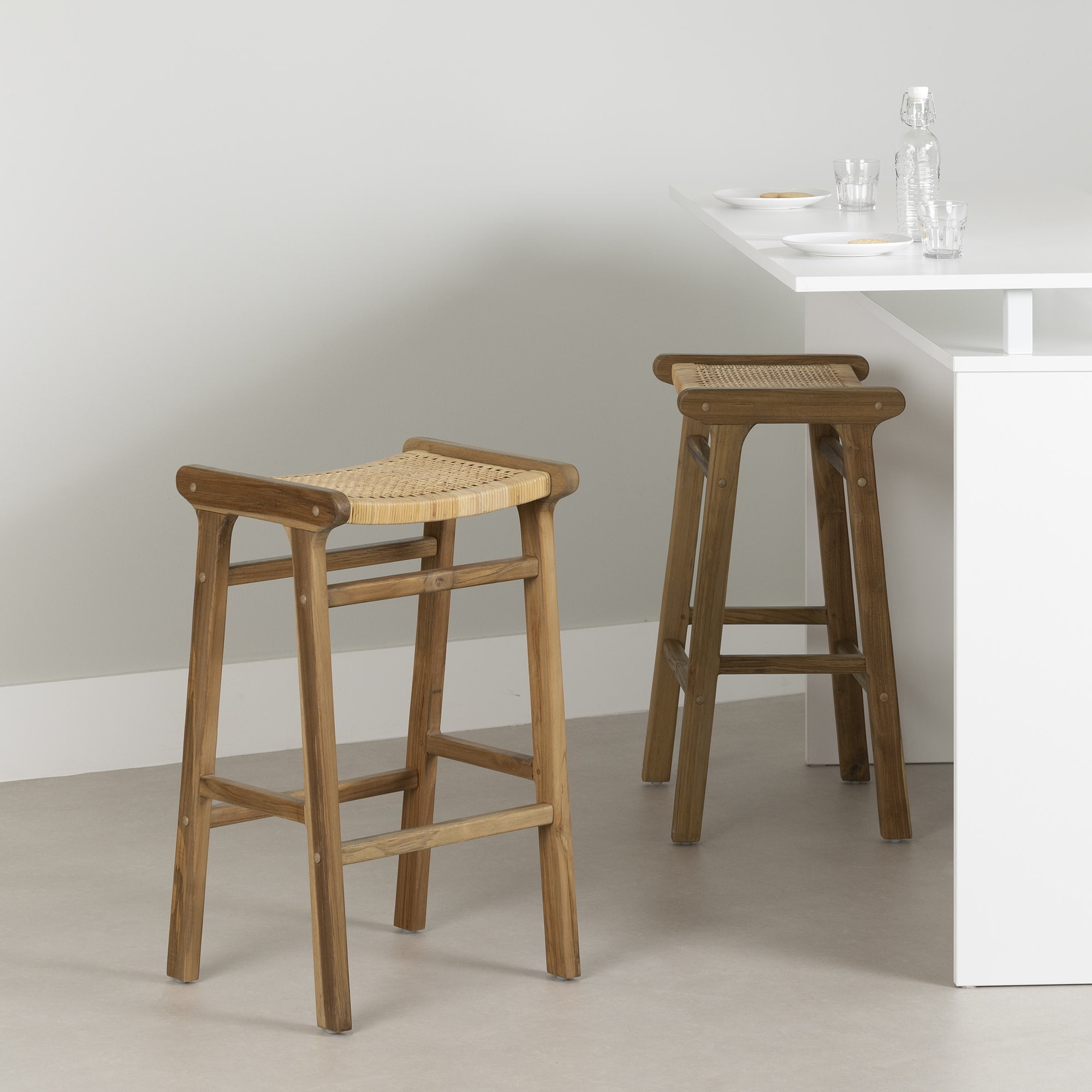 Rattan and Teak Wood Backless Bar Stools, Set of 2