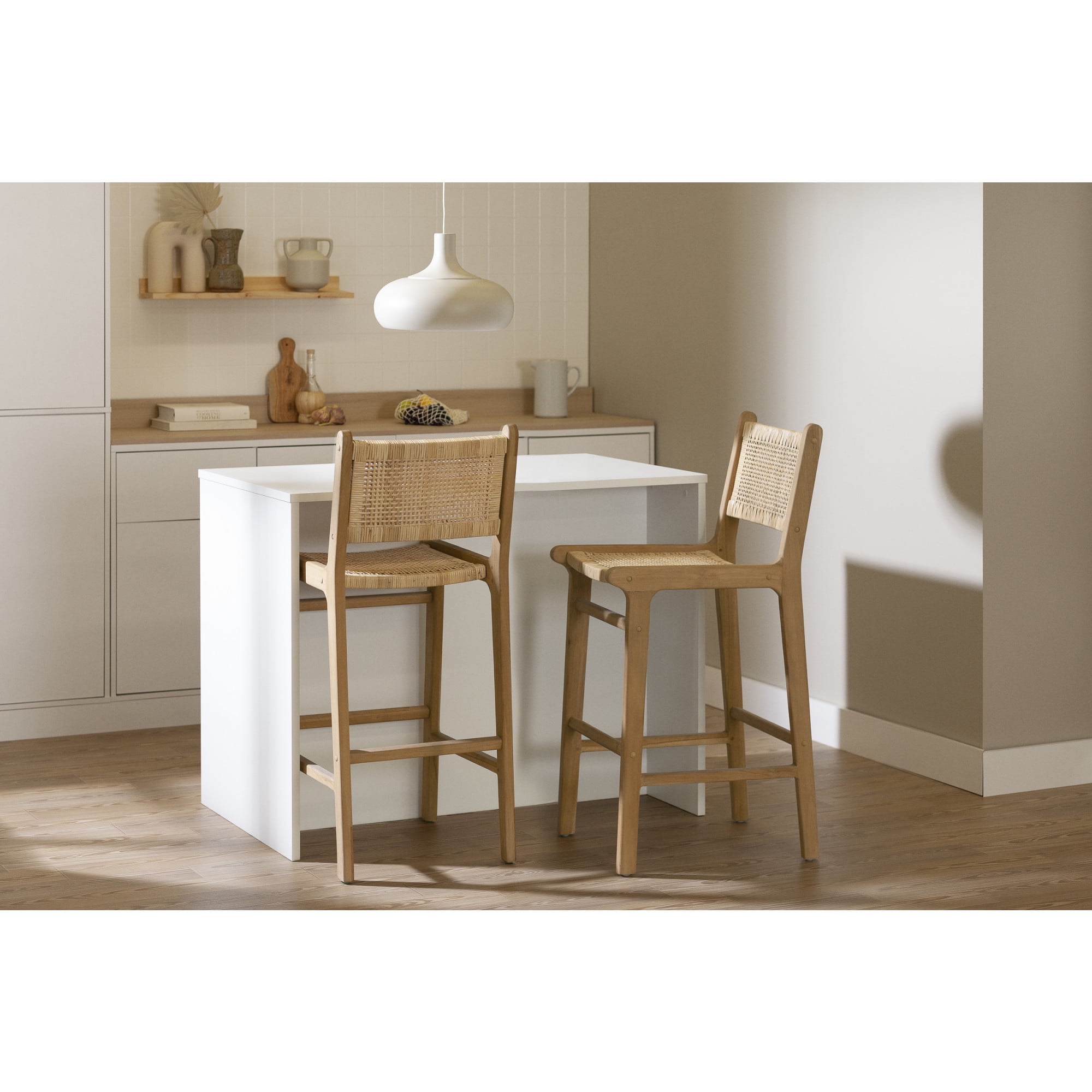 Natural Wood and Rattan Bohemian Bar Stools, Set of 2