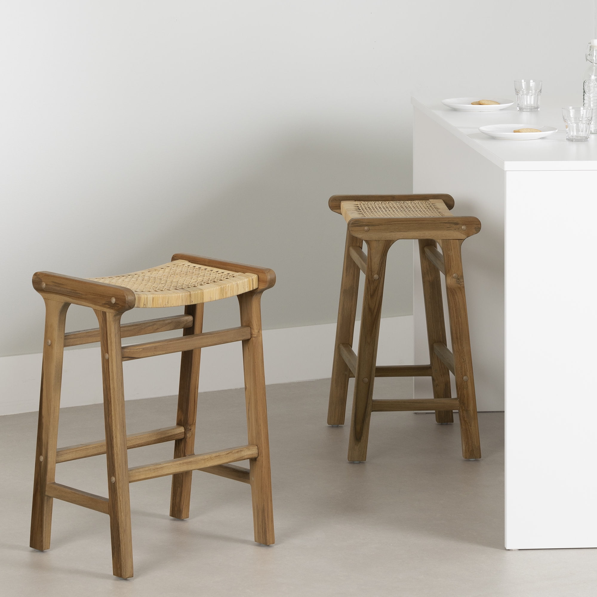Natural Teak and Rattan Counter Height Bar Stools, Set of 2