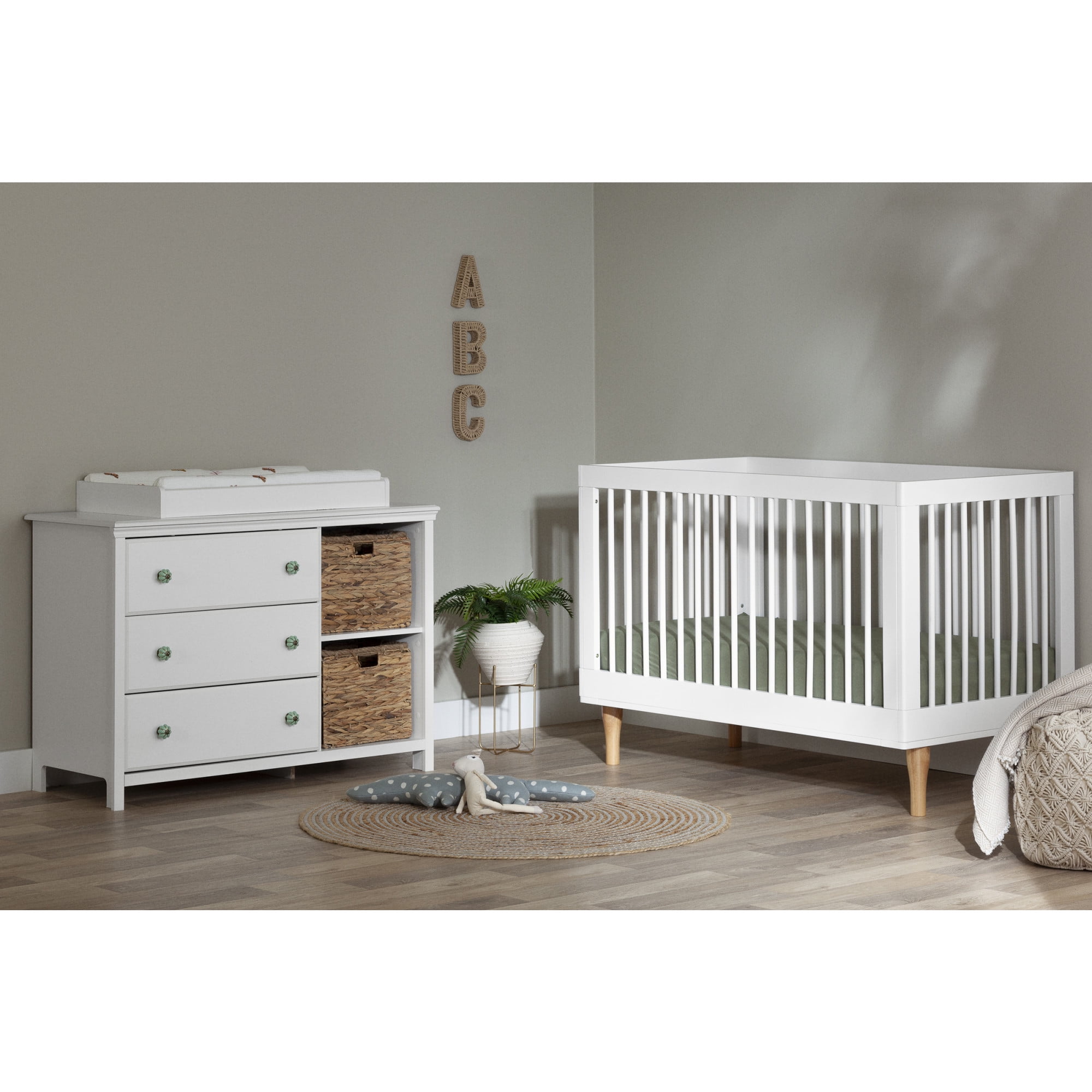 White Bohemian Changing Table with Drawers and Wicker Baskets