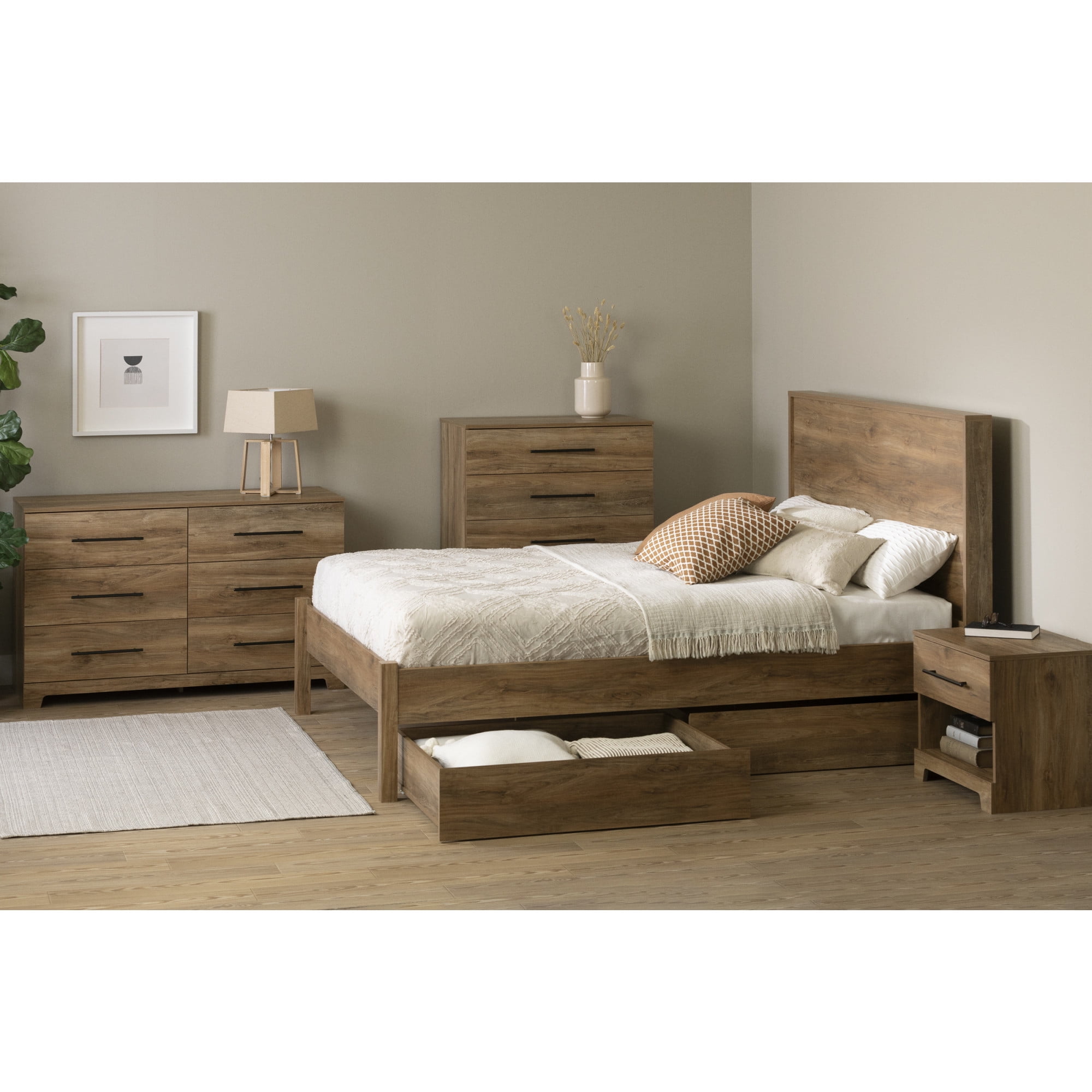Brown Double 6-Drawer Horizontal Dresser with Metal Handles