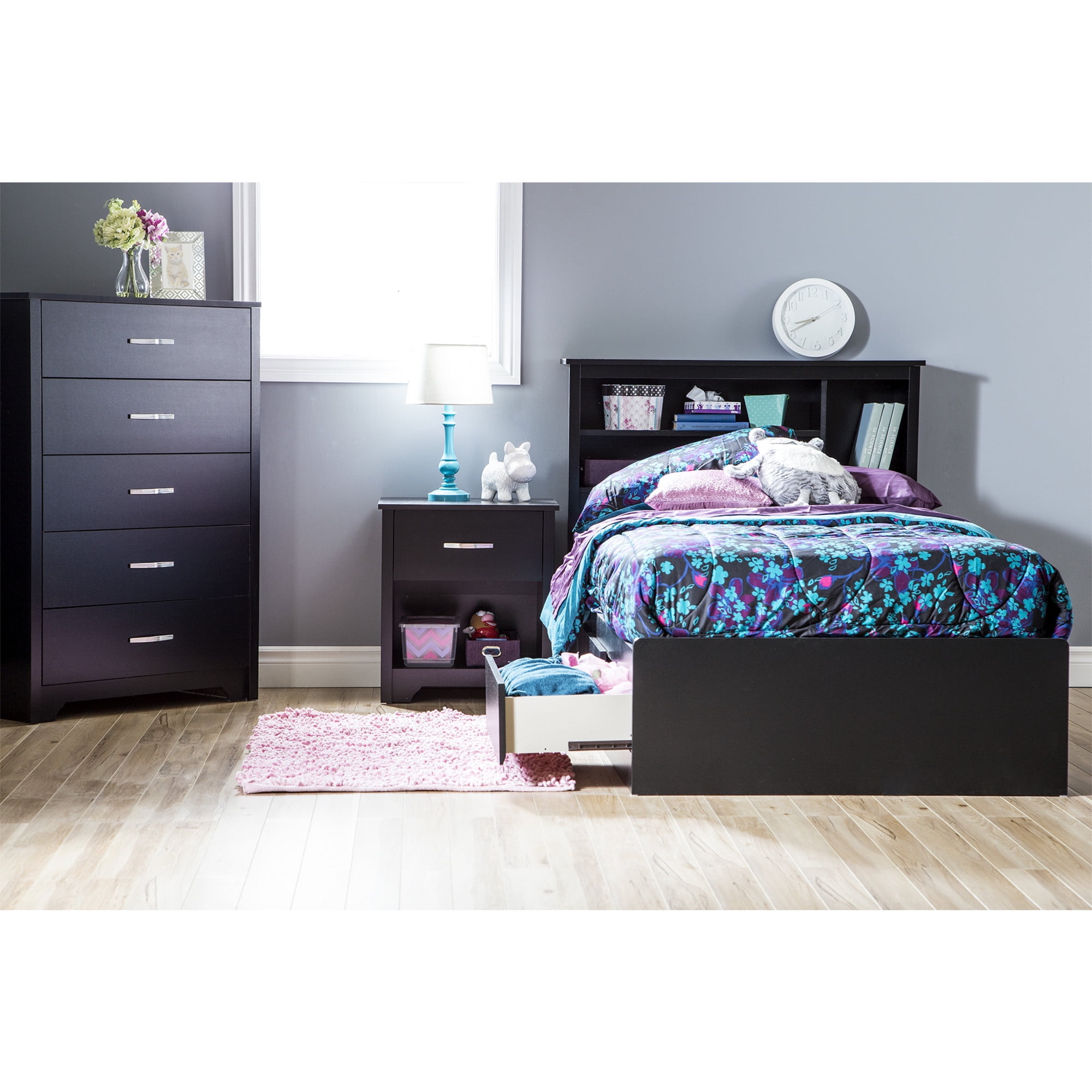 Oak Twin Platform Bed with Upholstered Headboard & Storage Drawers