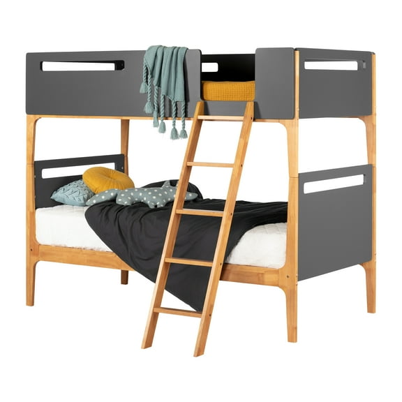 South Shore Bebble Modern Kid's Twin (39") Bunk Beds with ladder, Charcoal Gray and Exotic Wood