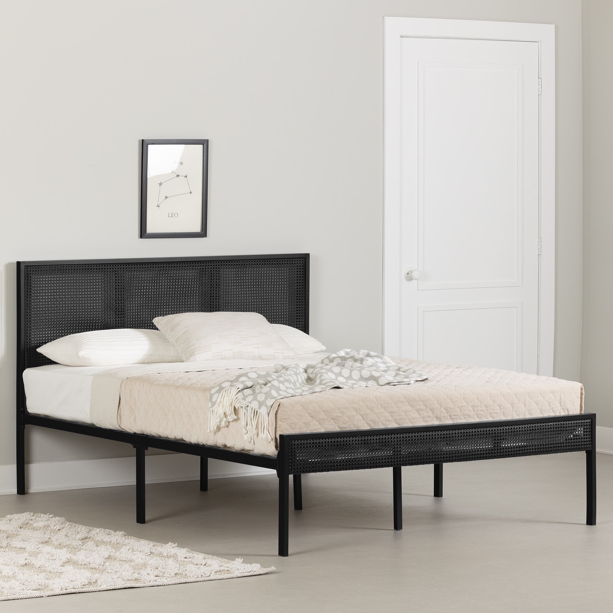 Full Black Metal Platform Bed with Natural Cane Headboard