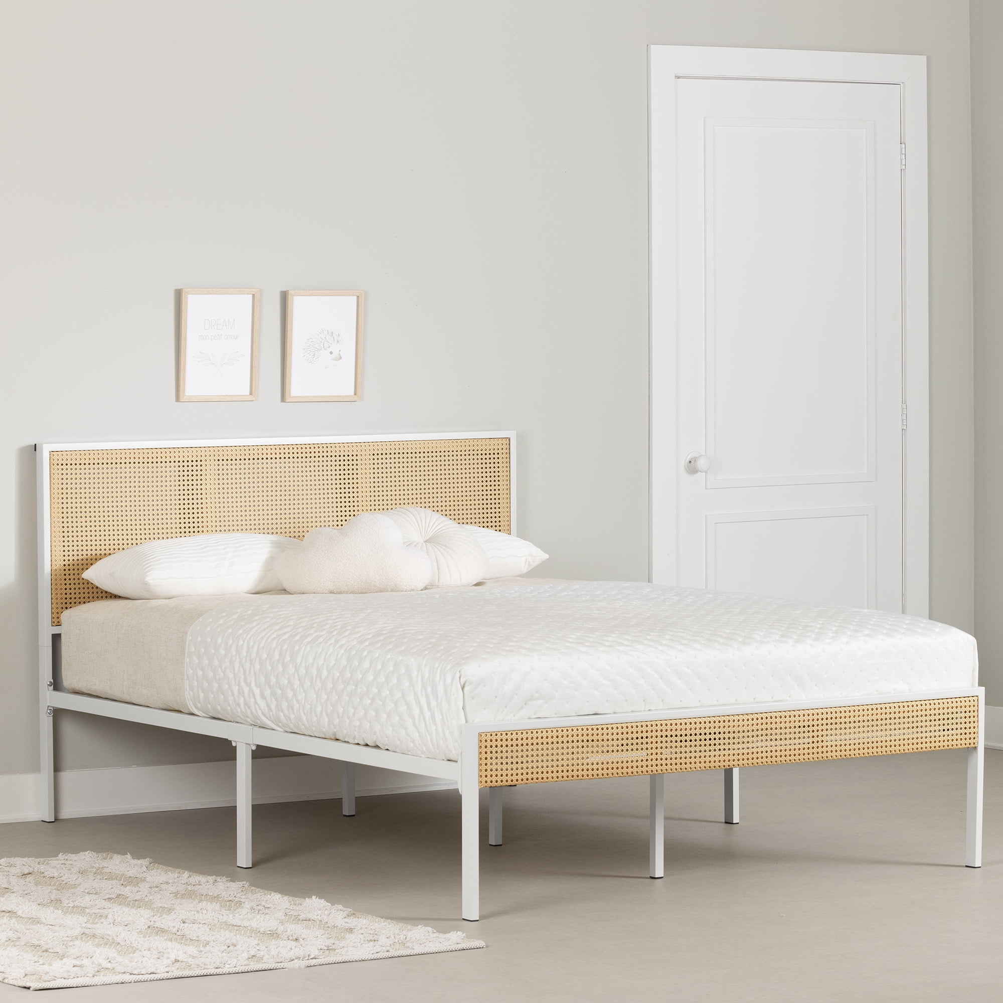 Full White and Natural Metal Platform Bed with Cane Headboard
