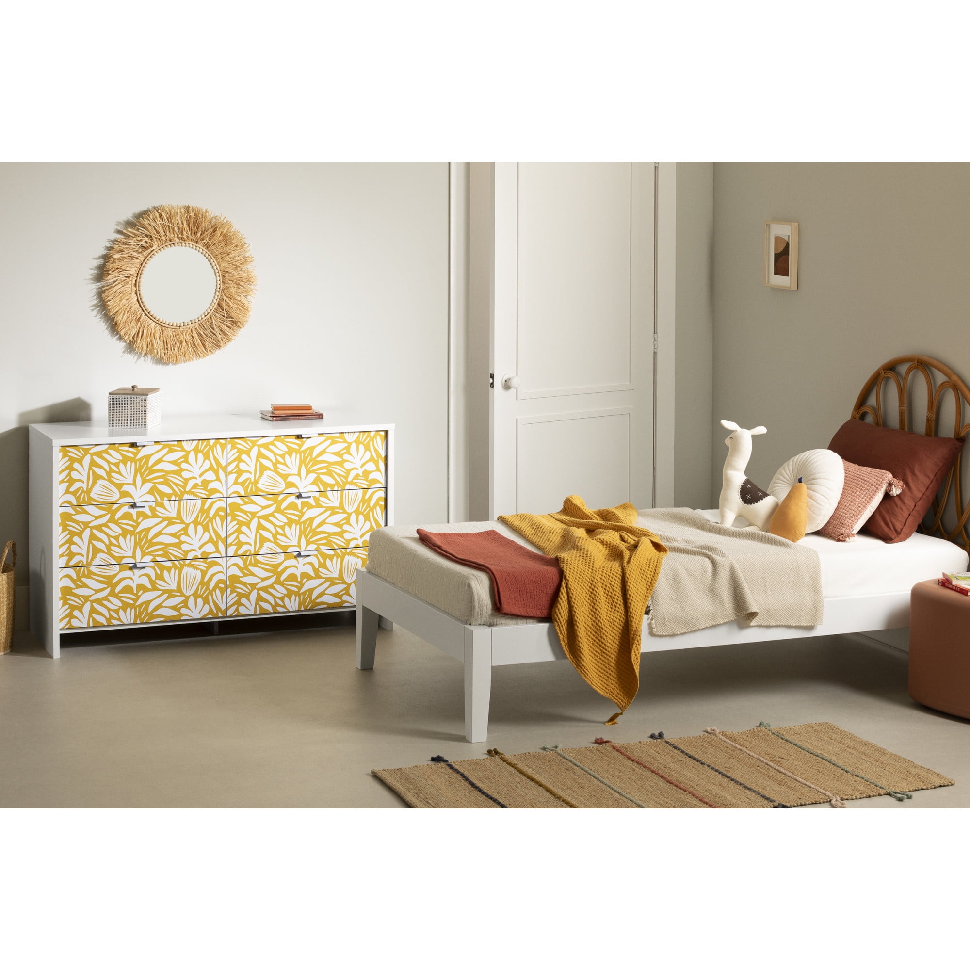 White and Yellow Bohemian Double Dresser with Floral Pattern