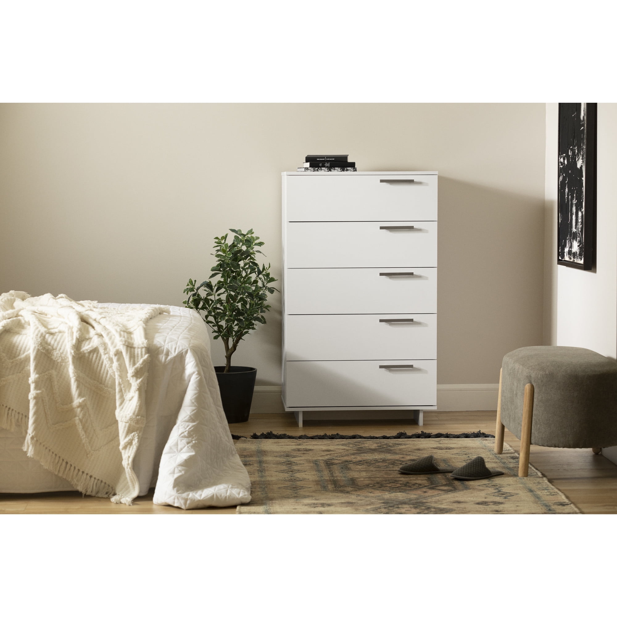 Pure White Vertical 5-Drawer Chest with Metal Handles