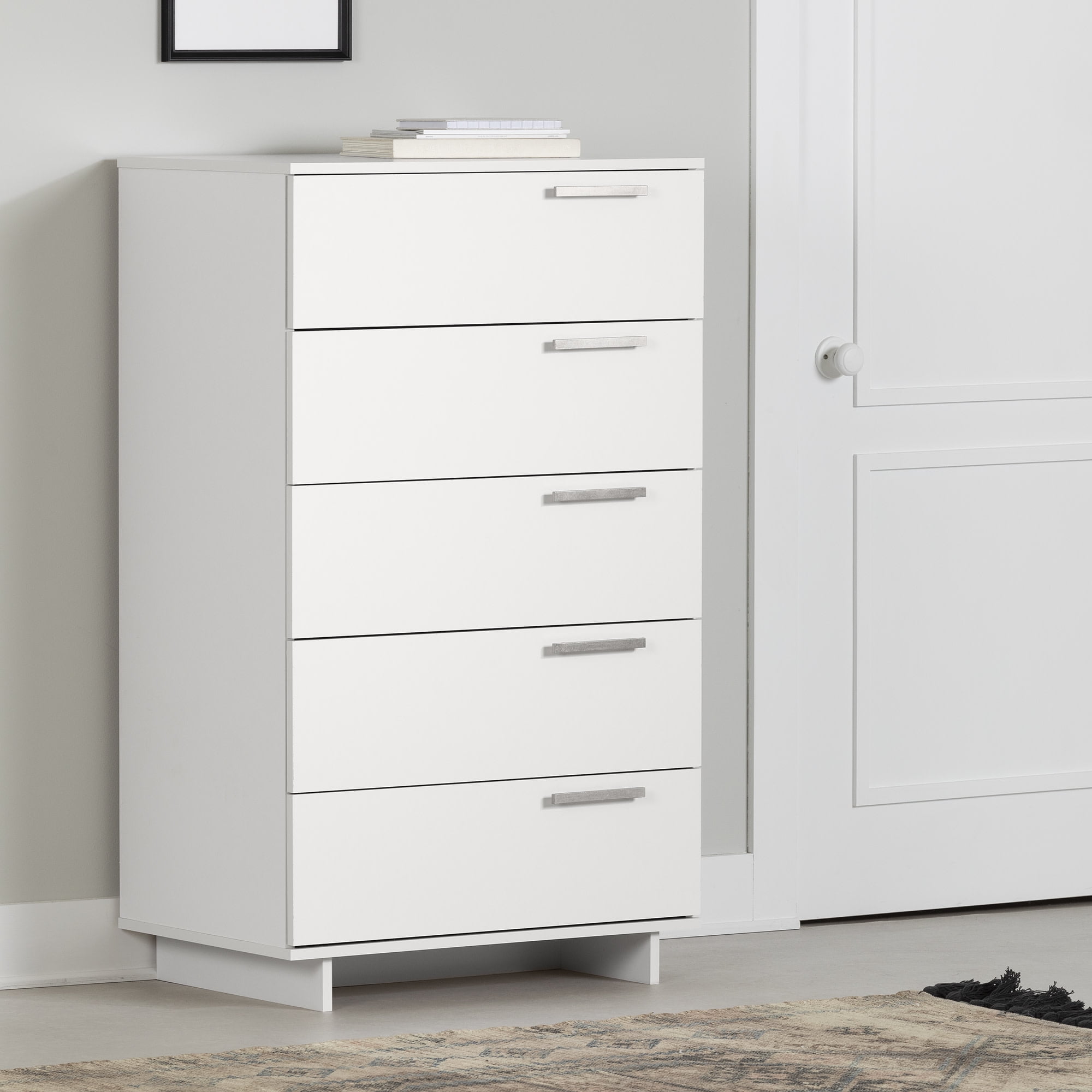 Pure White Vertical 5-Drawer Chest with Metal Handles