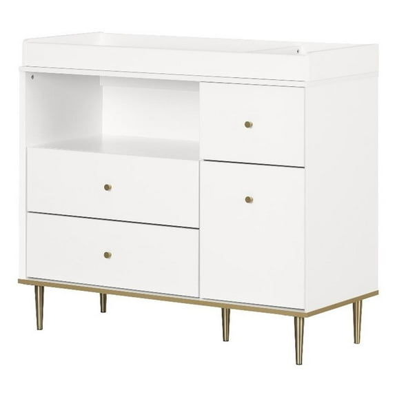 South Shore Dylane, Mid-century Glam Changing Table with Drawers and Open Storage, Pure White
