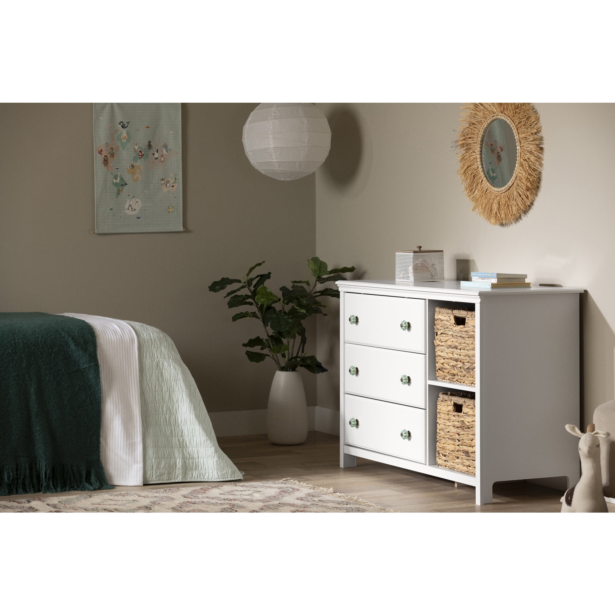Bohemian Pure White 3-Drawer Dresser with Wicker Baskets
