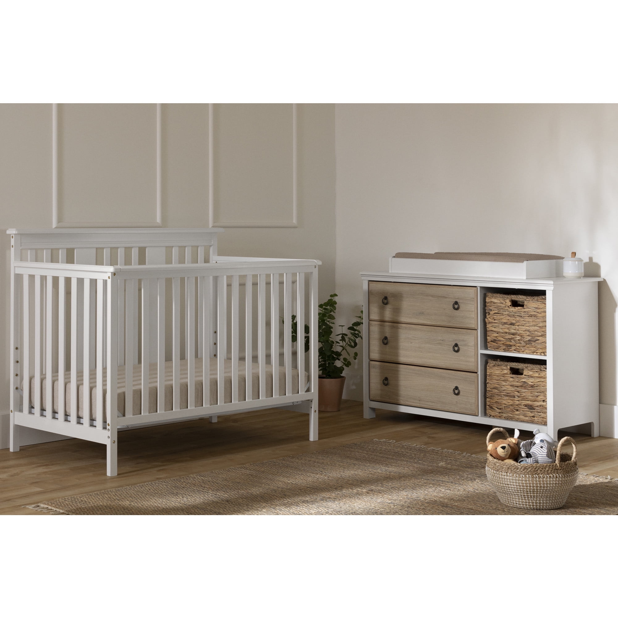 White and Rustic Oak Nursery Dresser with Wicker Baskets