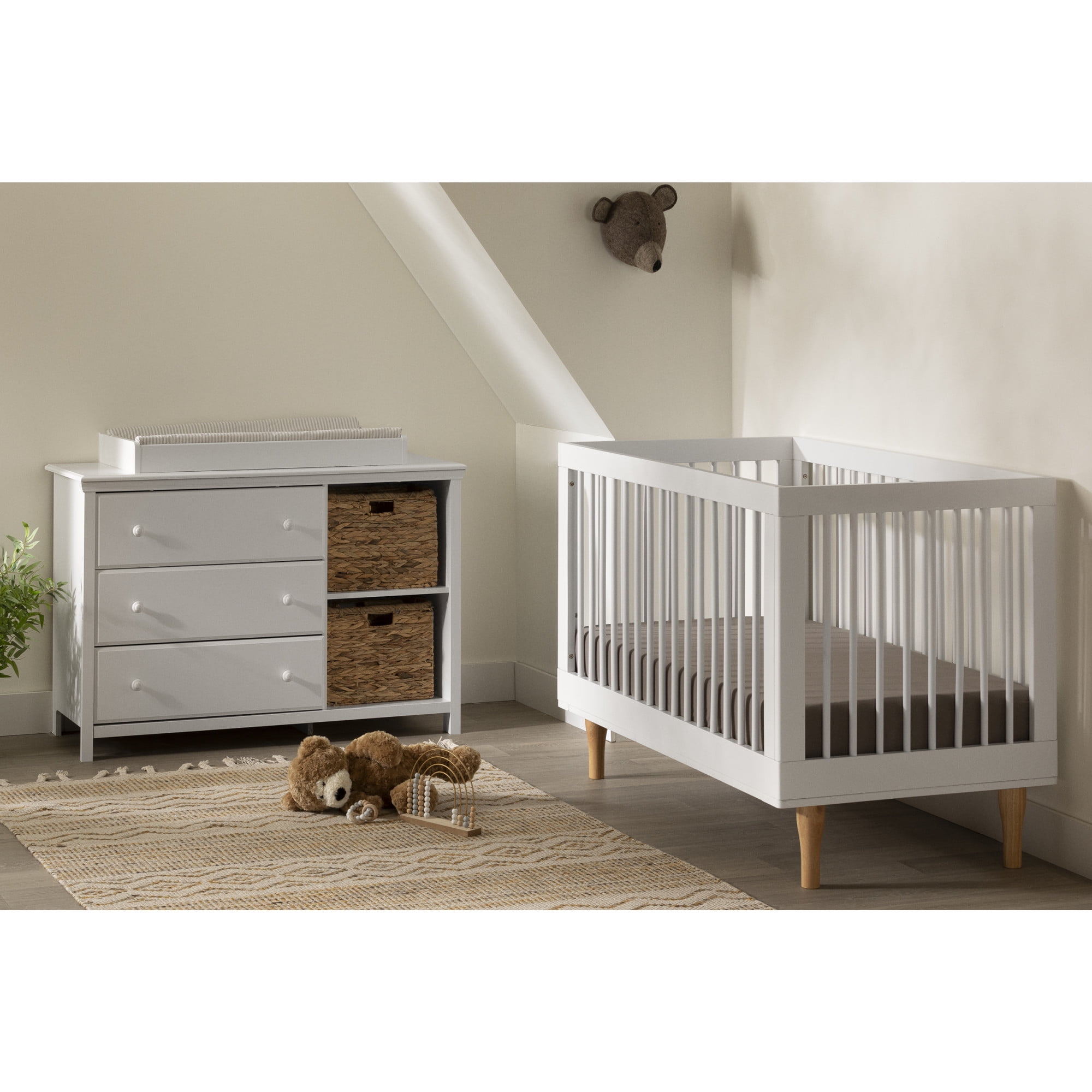 White Changing Table Dresser with Wicker Baskets