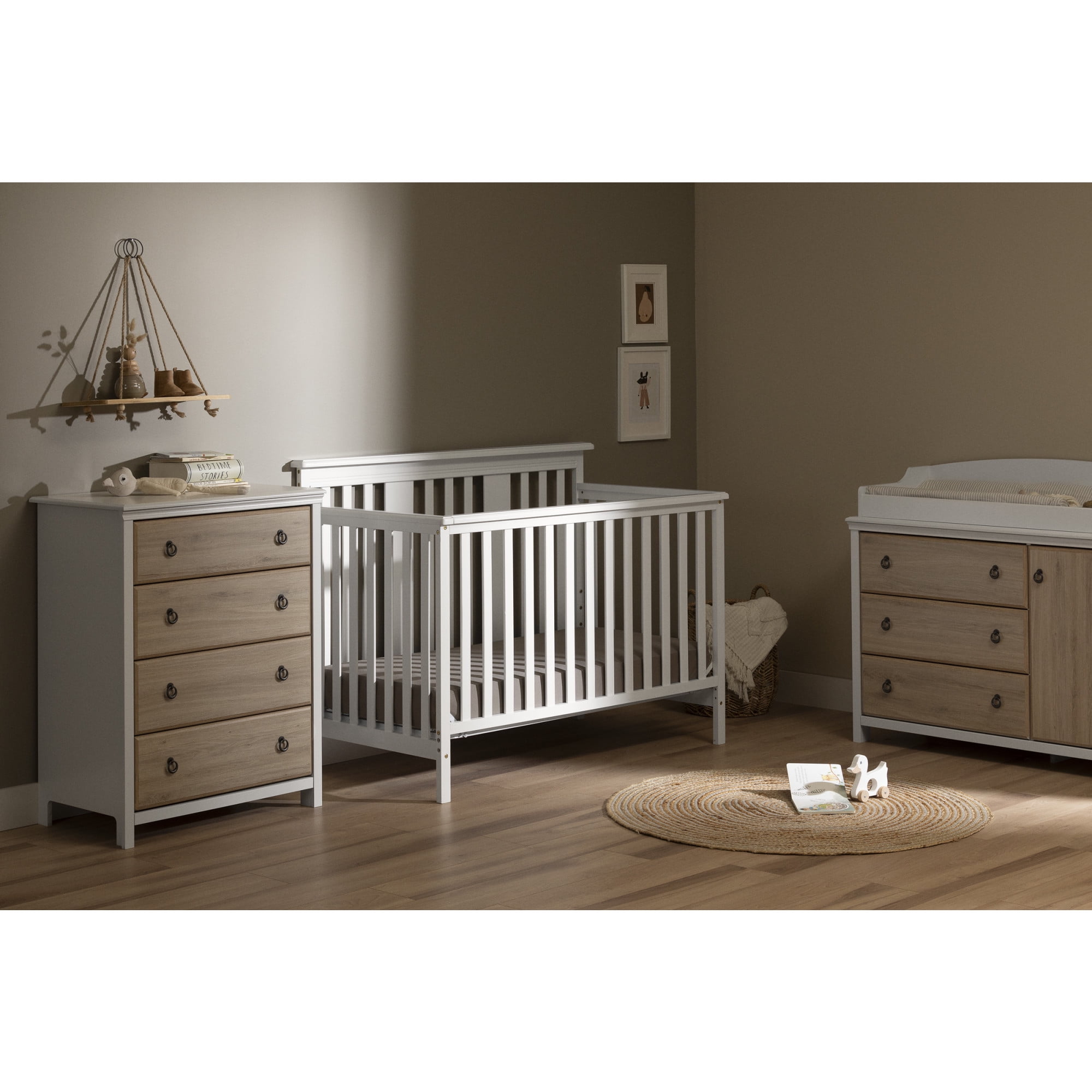 White and Rustic Oak Changing Table with Drawers