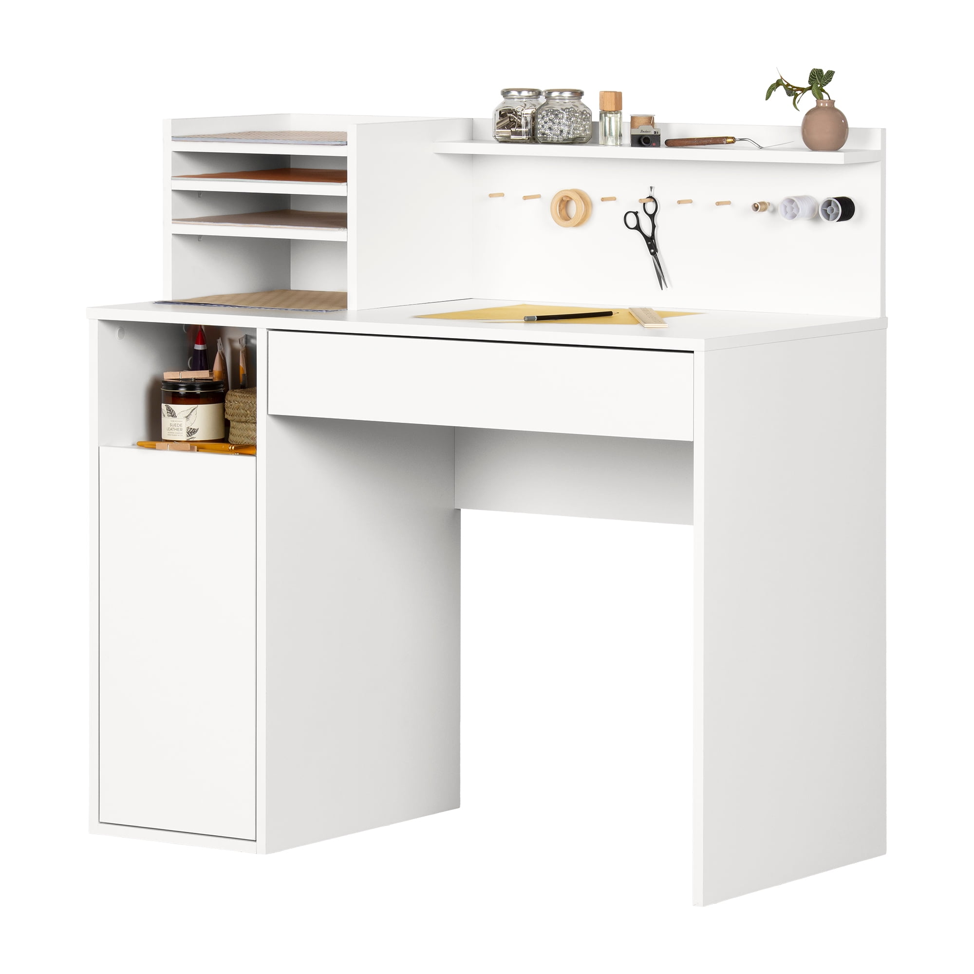 White Wood Craft Desk with Hutch and Filing Cabinet