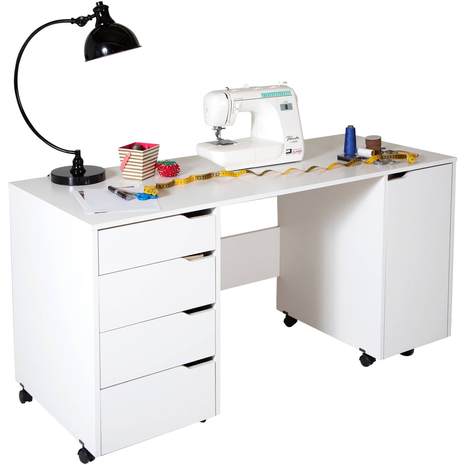 Pure White Mobile Craft Workstation with Drawers and Sliding Shelf