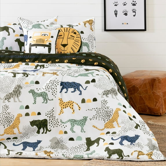 South Shore Dreamit White and Green Kids Bedding Set Safari Wild Cats, Multiple Sizes