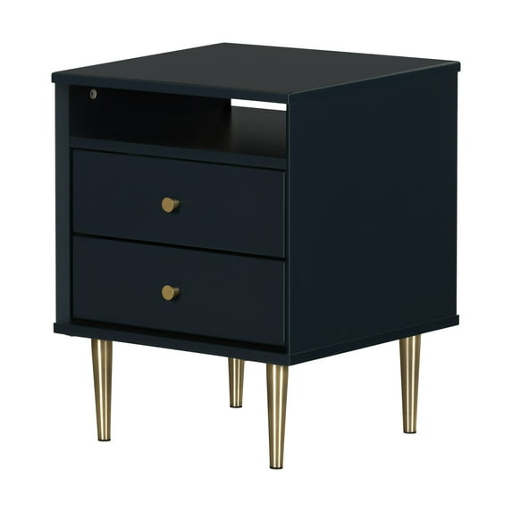 South Shore Dylane, Mid-century Glam 2-Drawer Nightstand, Navy Blue