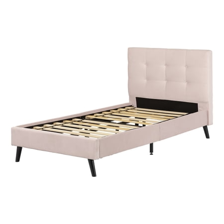 South Shore Dylane, Mid-century Glam Upholstered Twin Platform Bed and Headboard, Pale Pink
