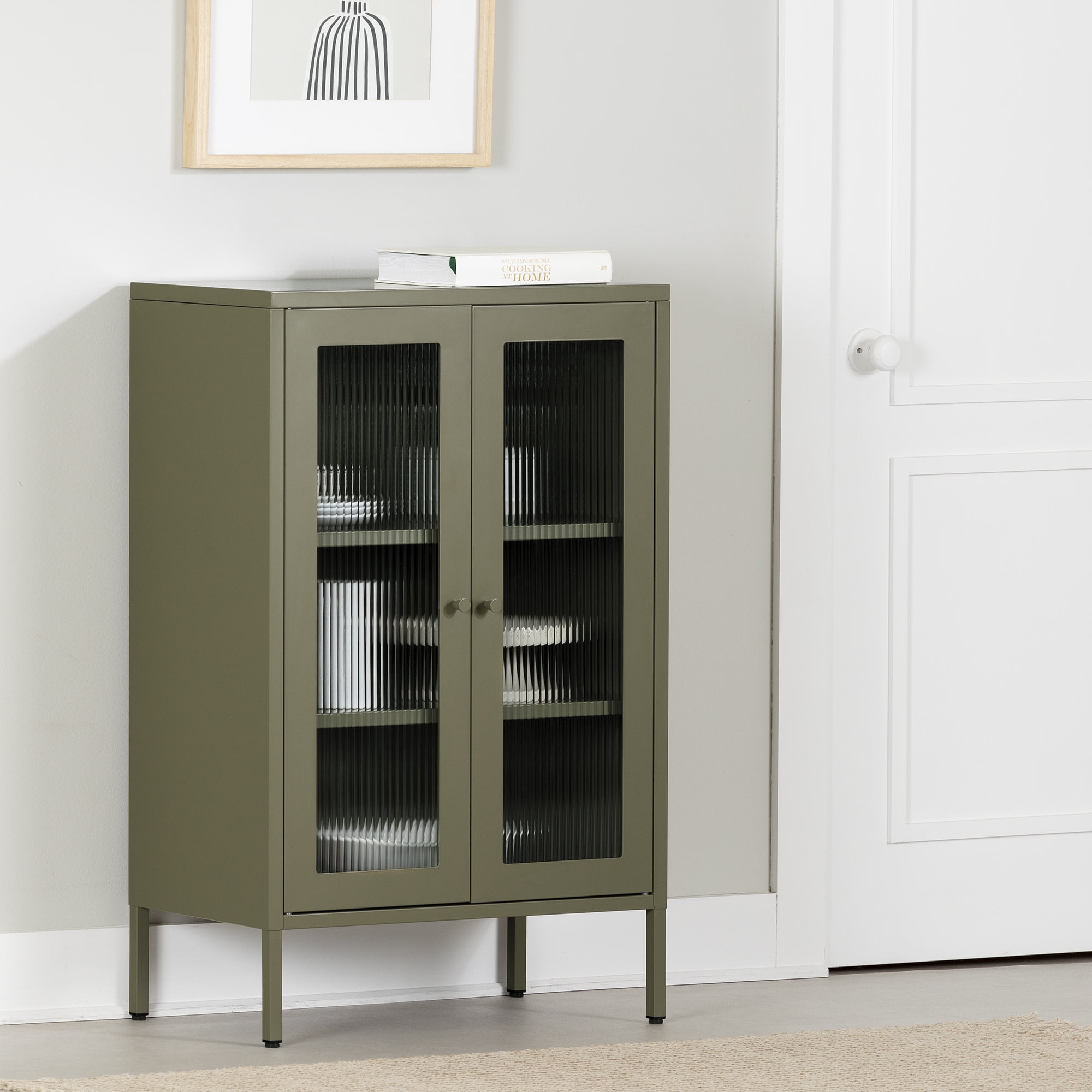 Olive Green Metal Storage Cabinet with Fluted Glass Doors