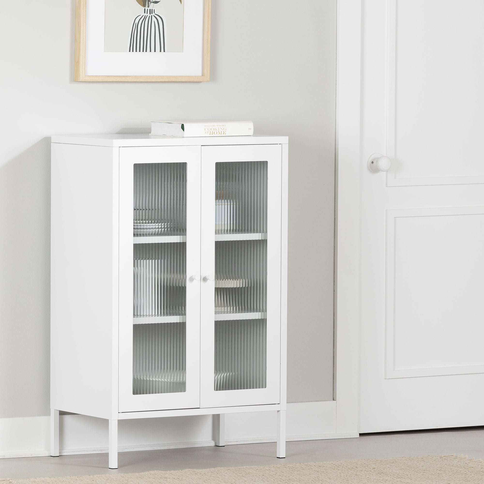 White Metal Storage Cabinet with Fluted Glass Doors