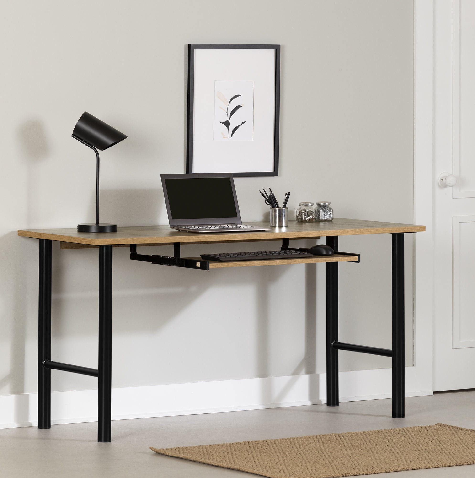 Nordik Oak Brown Desk with Keyboard Tray and Metal Legs
