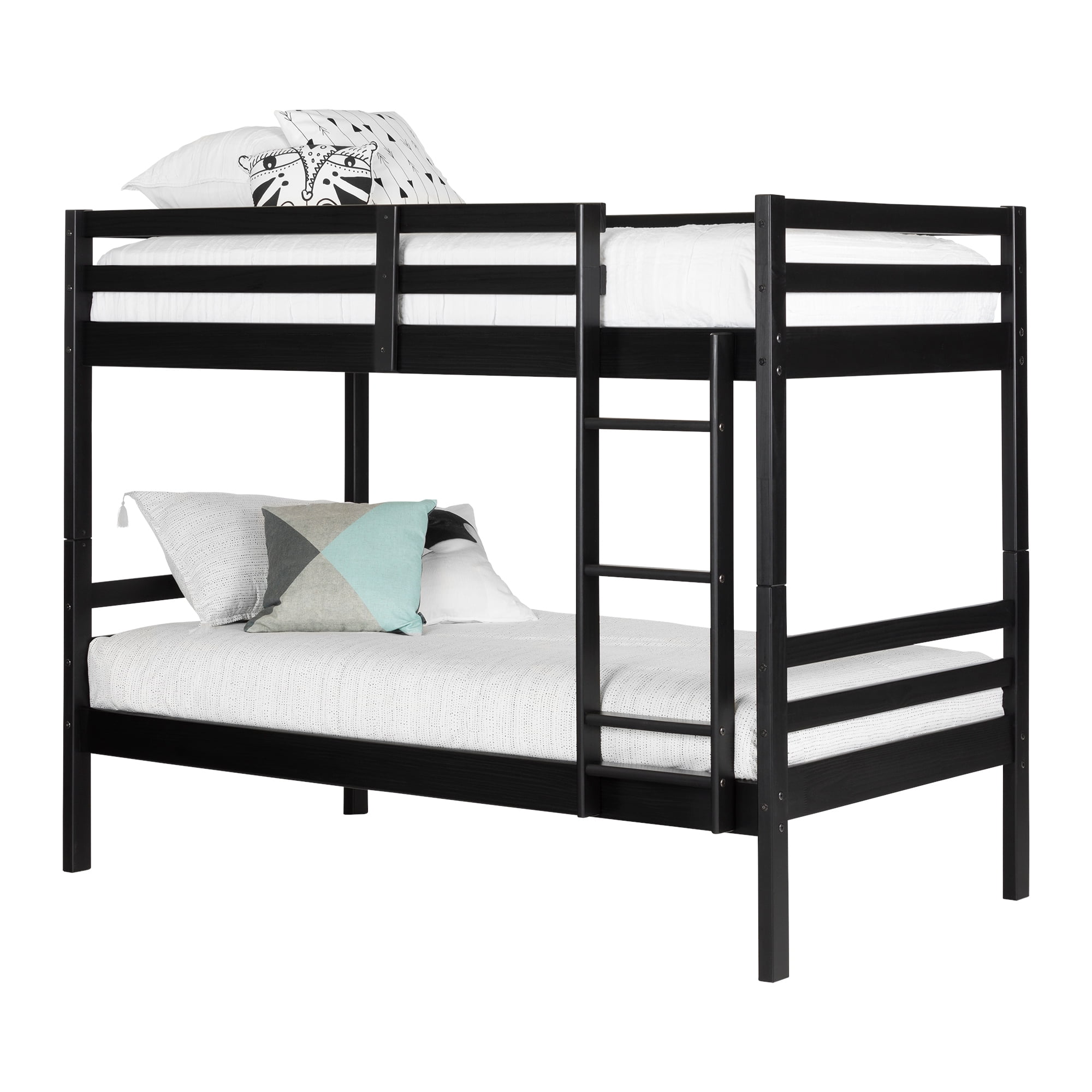 Twin Matte Black Pine Wood Bunk Bed Frame with Headboard
