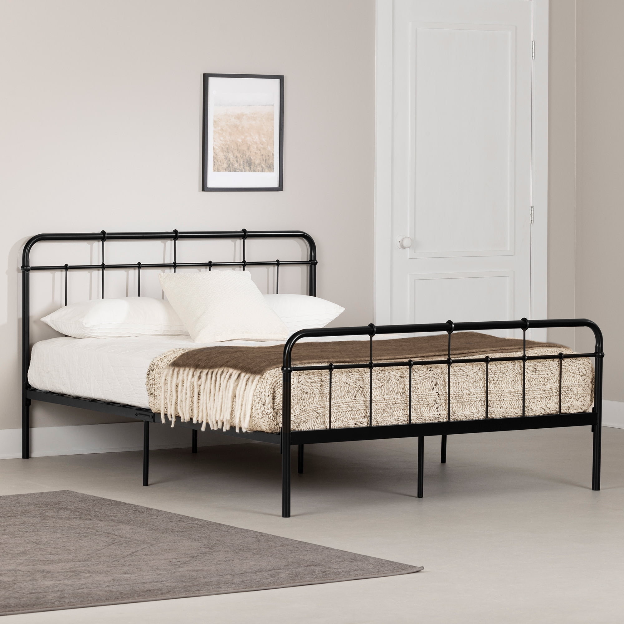 Full Black Metal Farmhouse Bed with Headboard and Slats