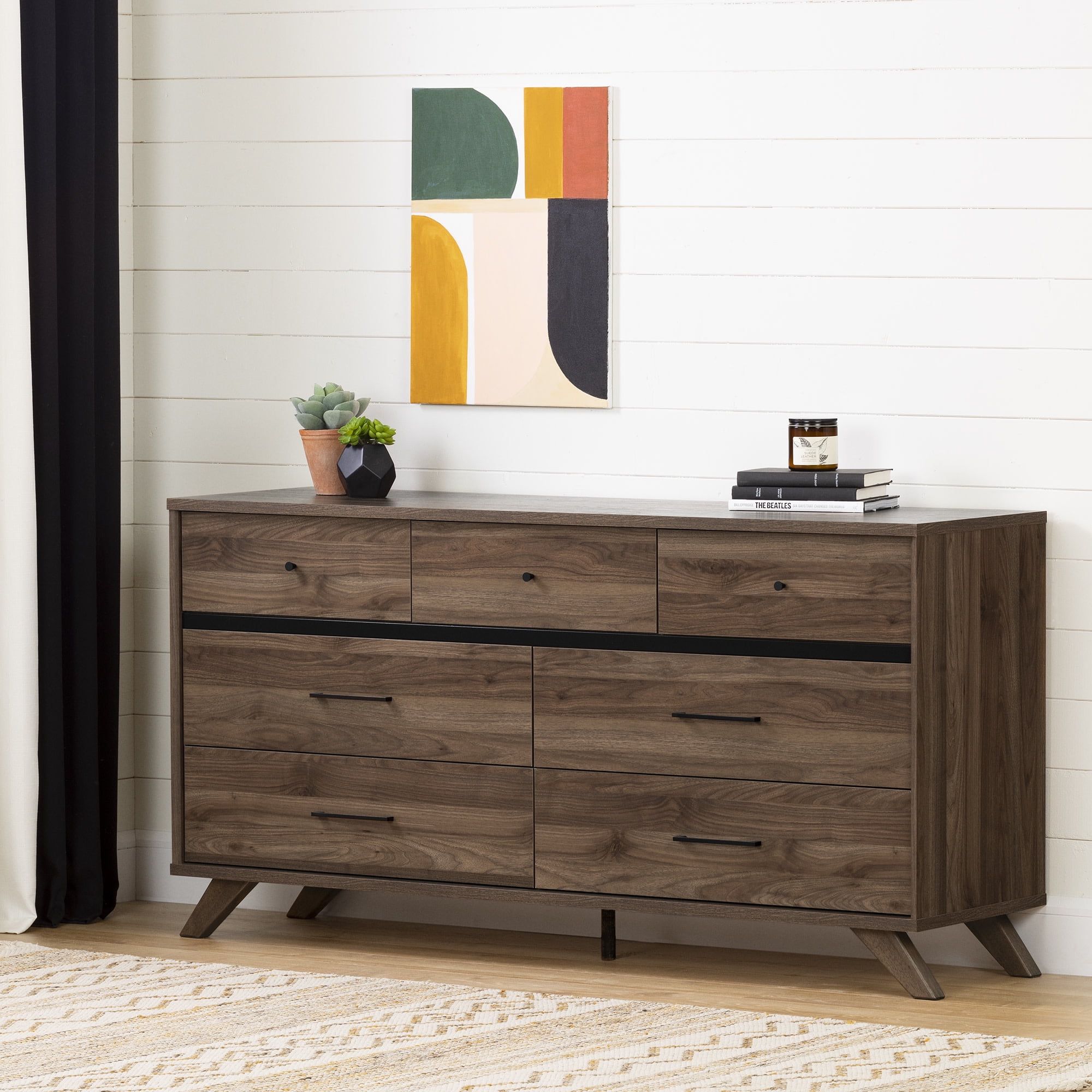 Natural Walnut and Matte Black 7-Drawer Double Dresser