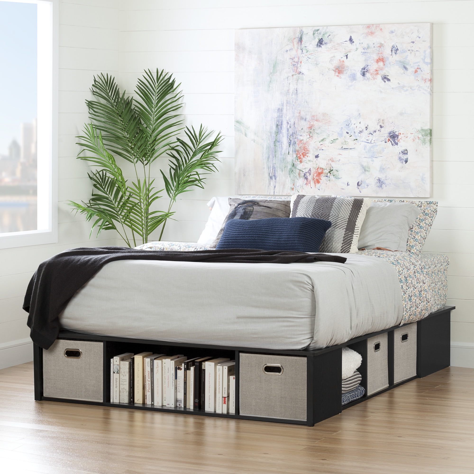 King Black Oak Platform Bed with Storage Baskets