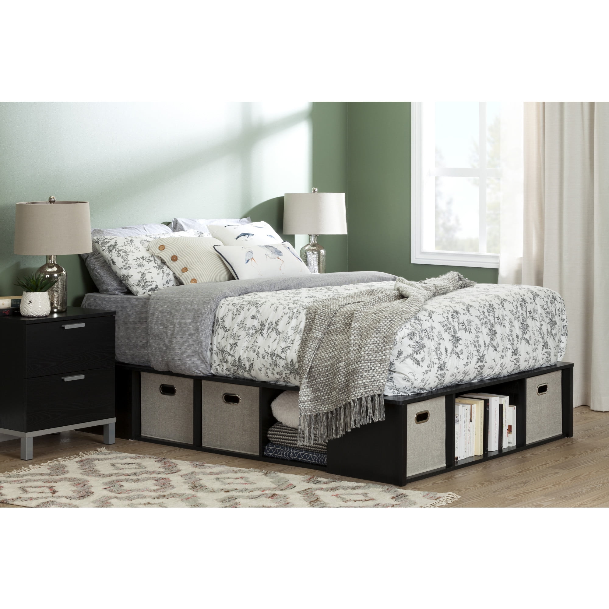 Classic Black Queen Platform Bed with Storage and Fabric Baskets