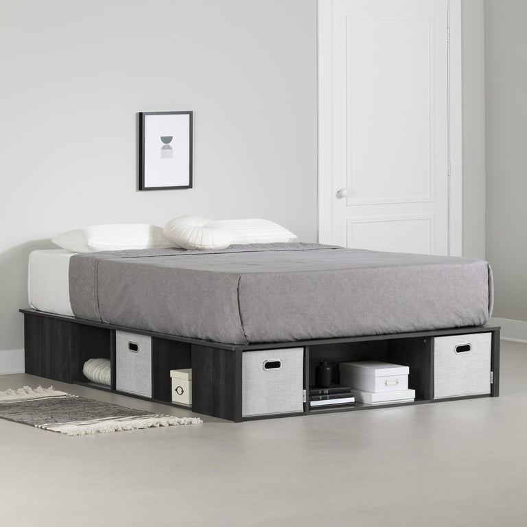 South shore flexible black oak platform bed with storage and sales baskets