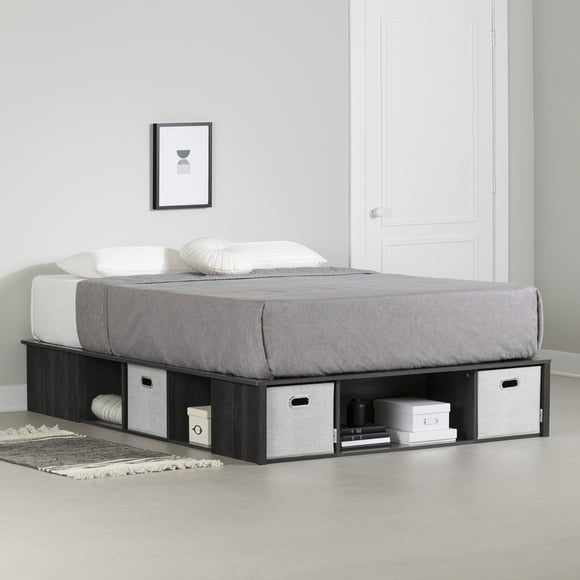 South Shore Flexible Contemporary Platform Bed with Storage and Baskets, Queen, Gray Oak