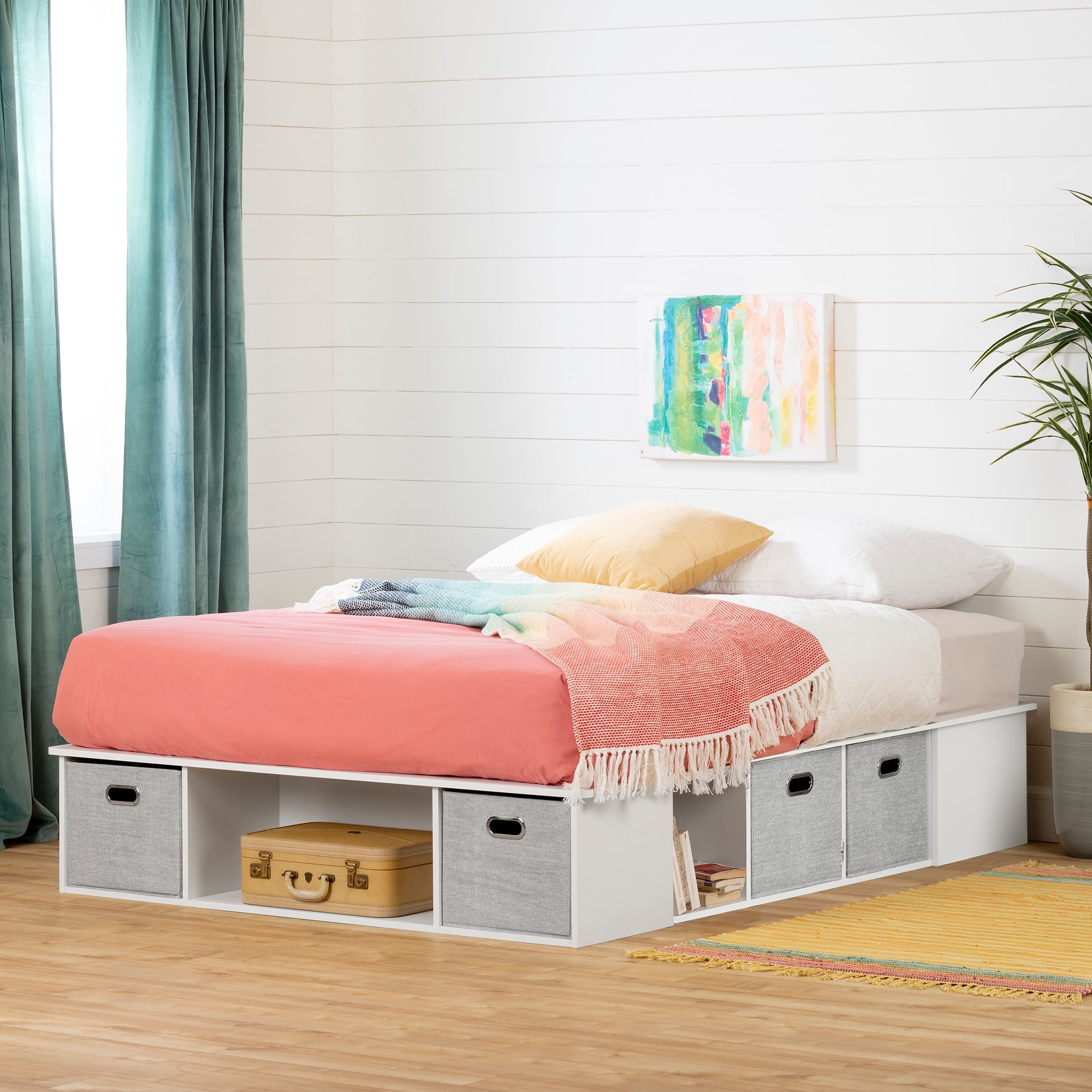Full Oak Upholstered Storage Platform Bed with Headboard
