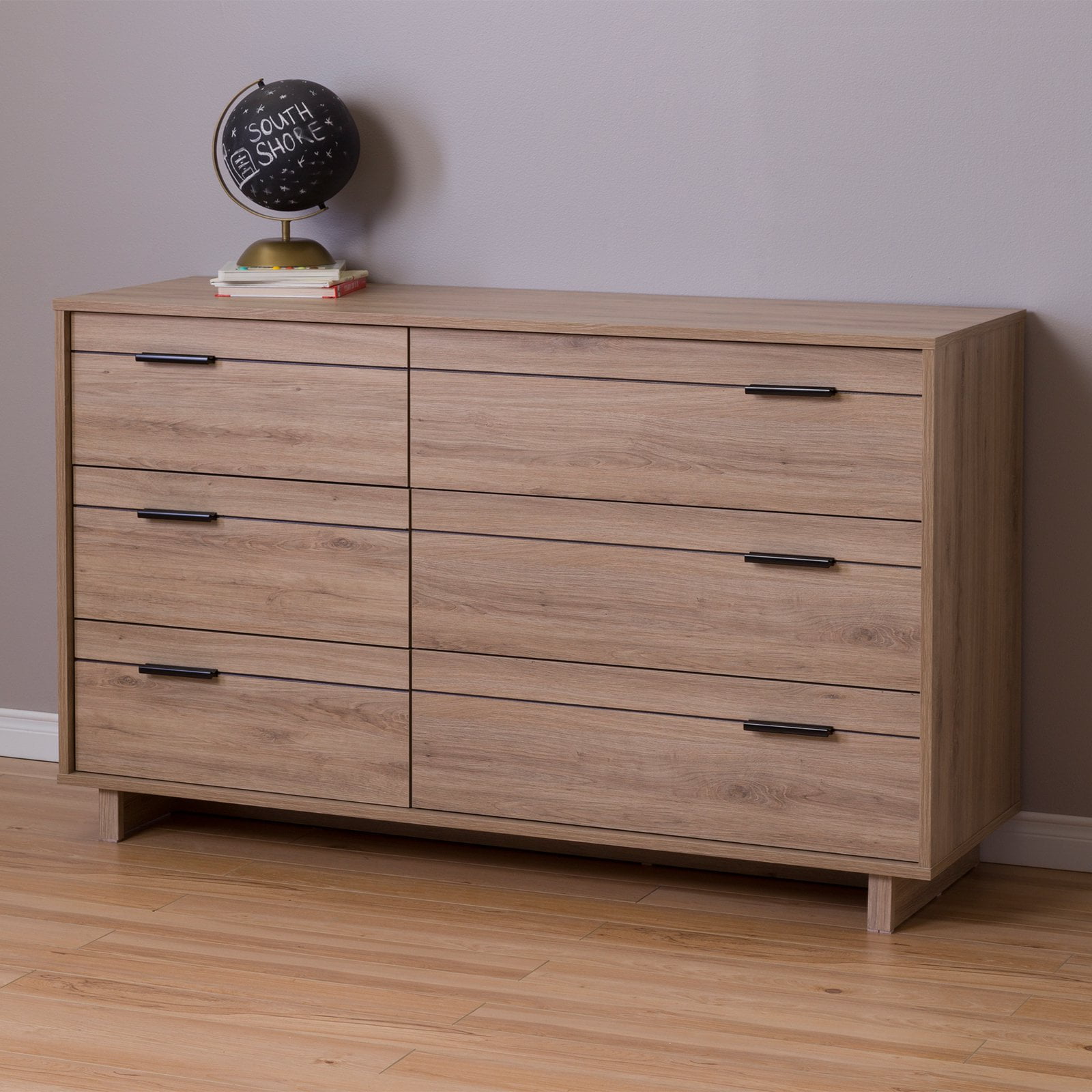 Rustic Oak Double 6-Drawer Dresser with Metal Pulls